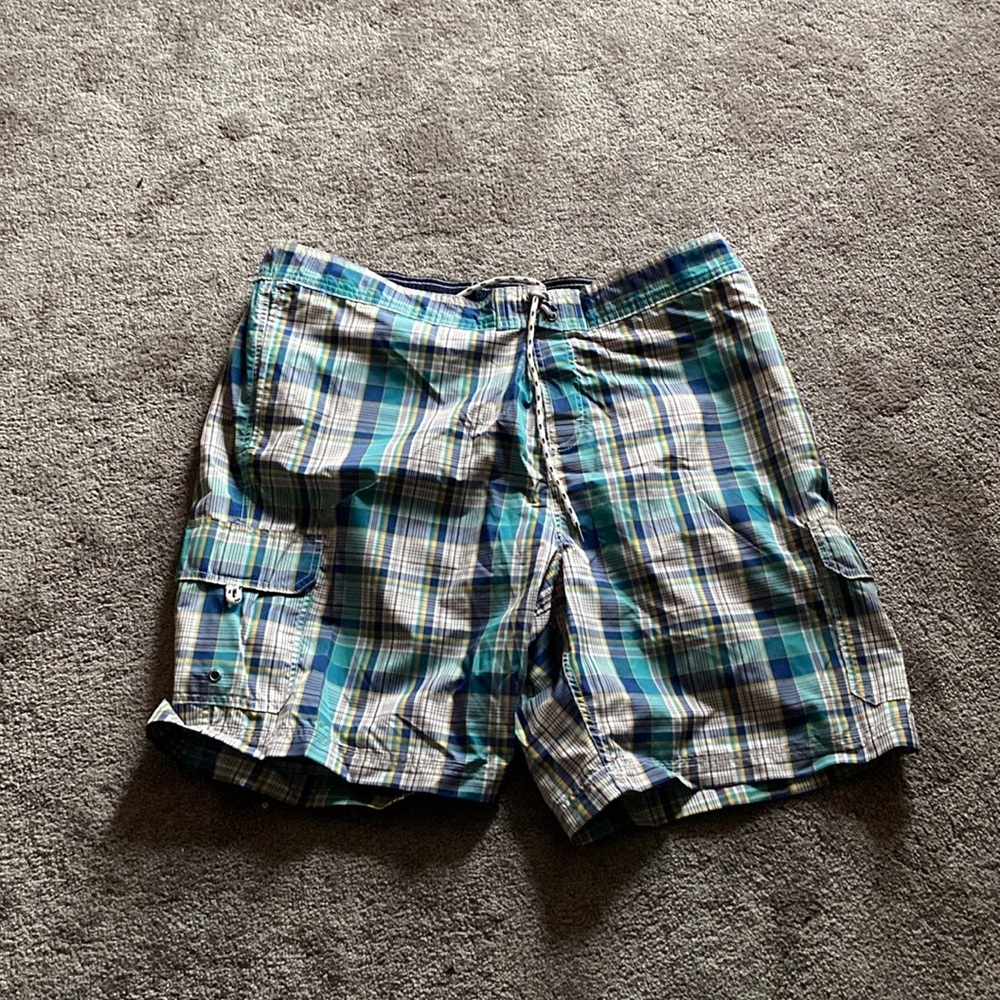 Lands’ End Swim Trunks SIZE XXL Blue Green Plaid Cargo Board Shorts